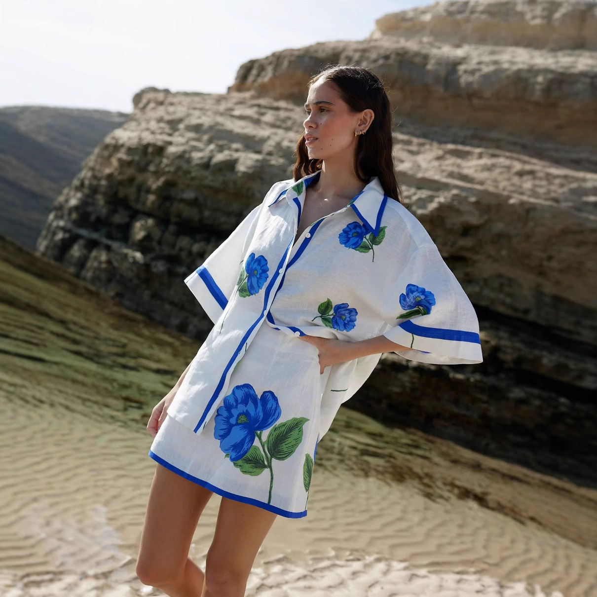 Printed Wrap Skirt - 여성 캐주얼 프린트 싱글 브레스티드 셔츠