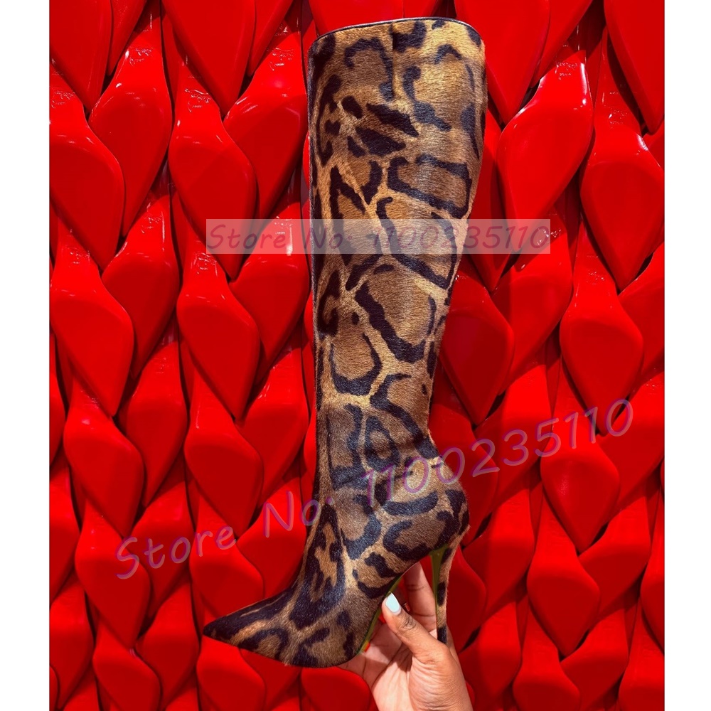 Women'S Fashion Leather Boots - 레오파드 프린트 인조 말털 니하이 부츠