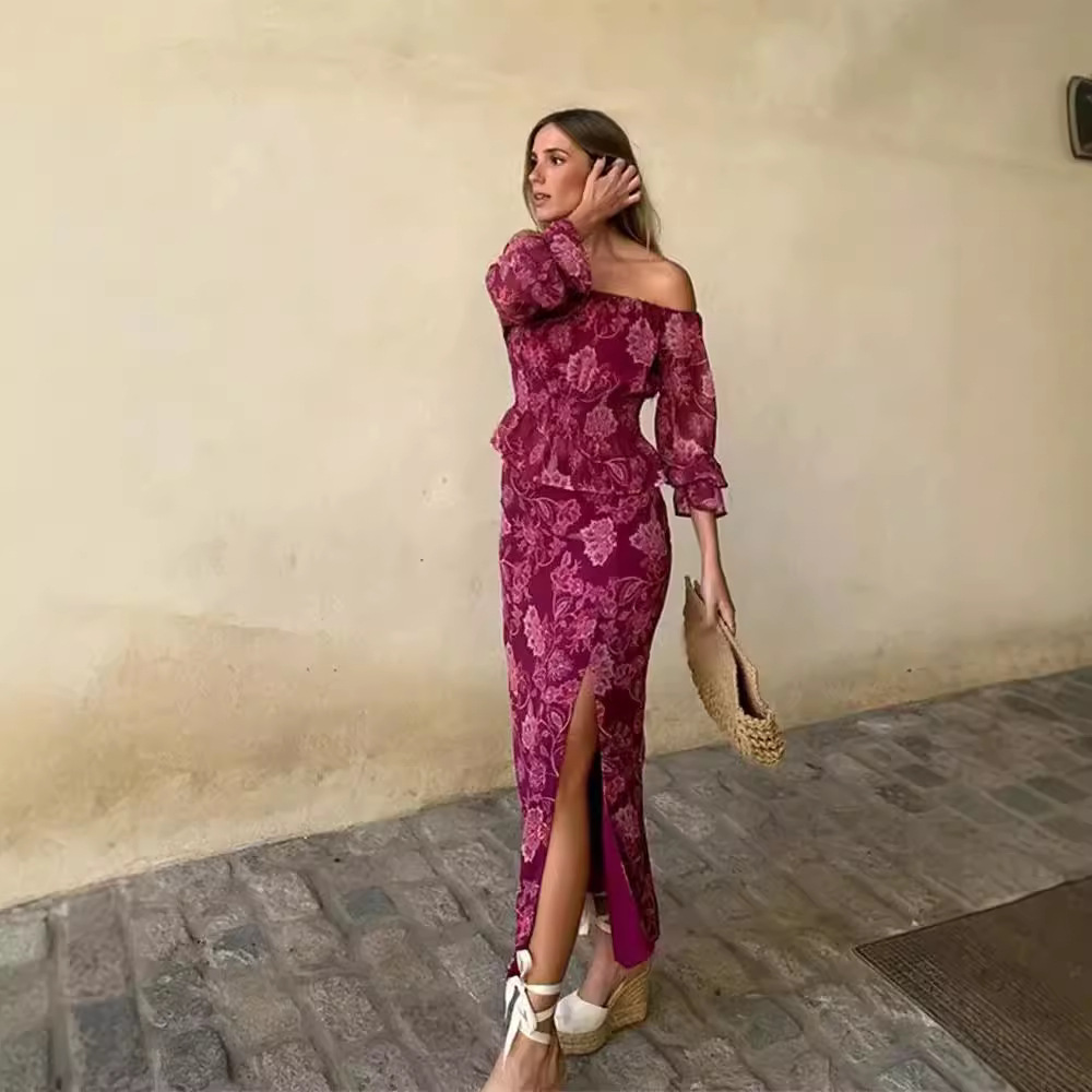 Fashion Women Picture - 여성 패션 프린트 오프 숄더 로즈