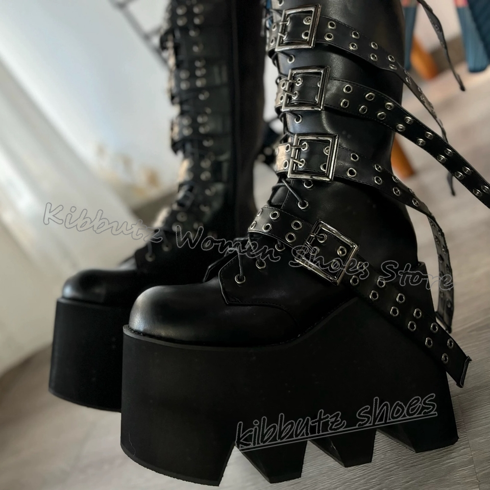 Women'S Fashion Leather Boots - 리벳 플랫폼 니하이 부츠 가죽 라운드