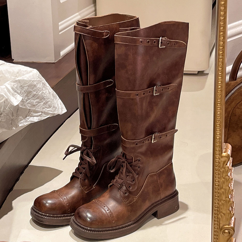 Women'S Fashion Leather Boots - 여성용 무릎 높이 부츠 빈티지 벨트