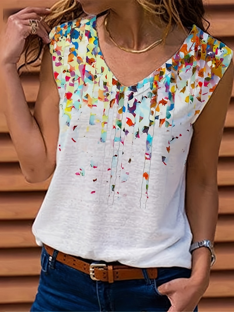 Women'S Fashion Vest Tops - 플러스 사이즈 브이넥 플라워 프린트 민소매