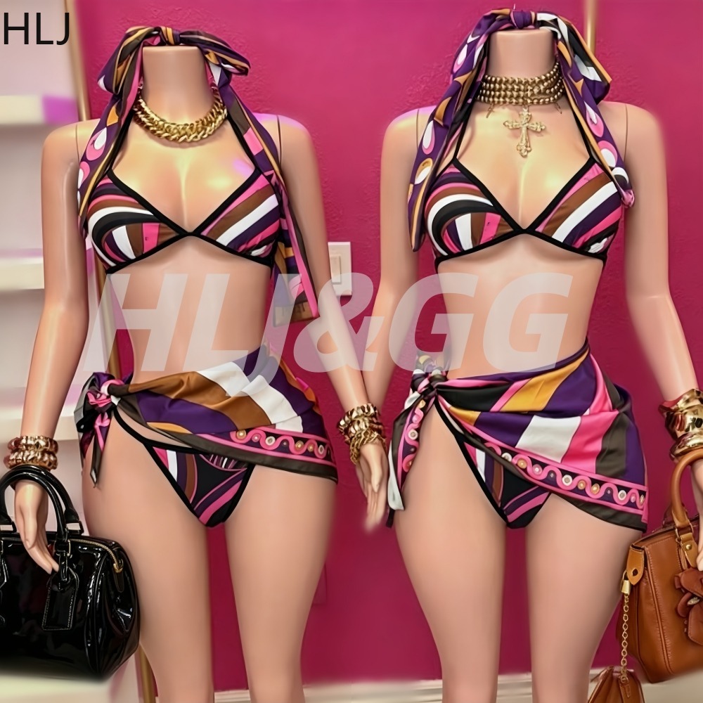 Printed Wrap Skirt - HLJ 여성용 4피스 프린트 비키니 세트