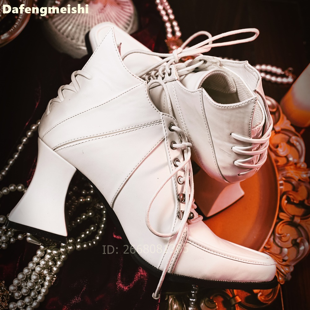 Women'S Fashion Leather Boots - 화이트 가죽 스퀘어토 앵클 부츠 앞뒤