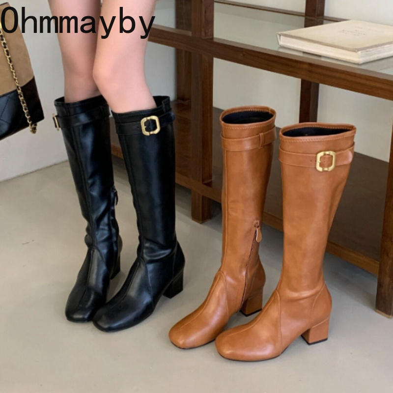 Women'S Fashion Leather Boots - 여성 레트로 스퀘어 토 니하이 부츠