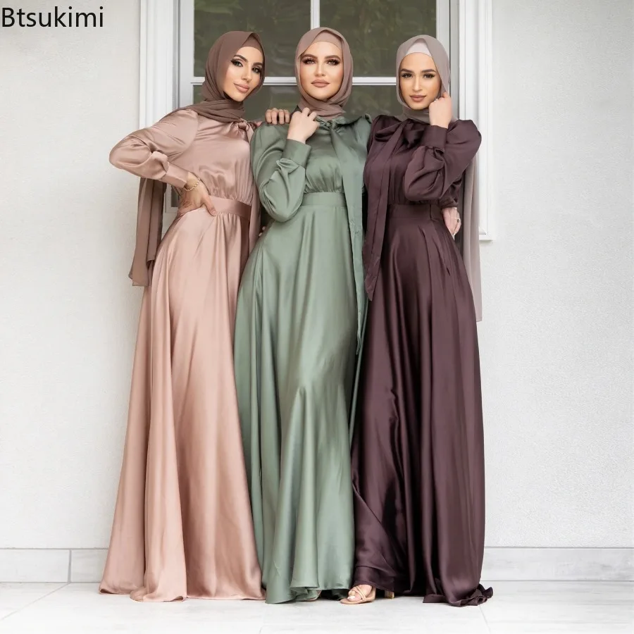 Turkey Women Fashion - 여성용 우아한 새틴 원피스 이슬람 패션