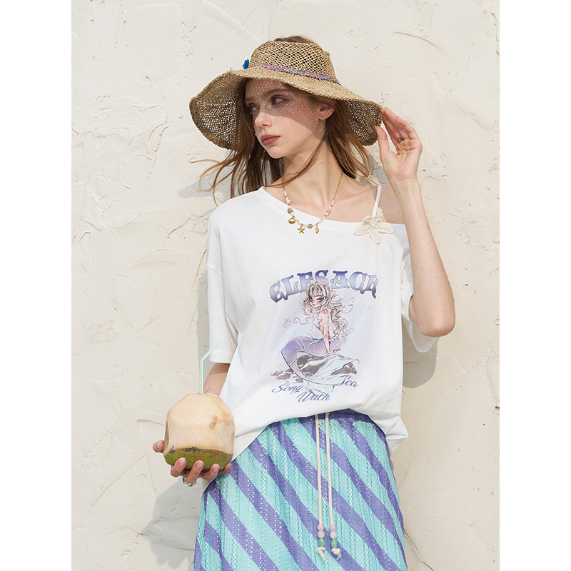 ELFSACK 여성용 오프 숄더 화이트 티셔츠와 미디  - Women'S Fashion Graphic Tees 리뷰 및 가격