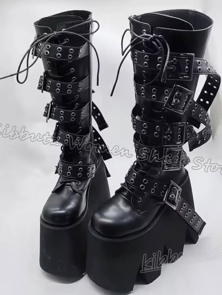 리벳 플랫폼 니하이 부츠 가죽 라운드 토 굽 높은 록  - Women'S Fashion Leather Boots 리뷰 및 가격
