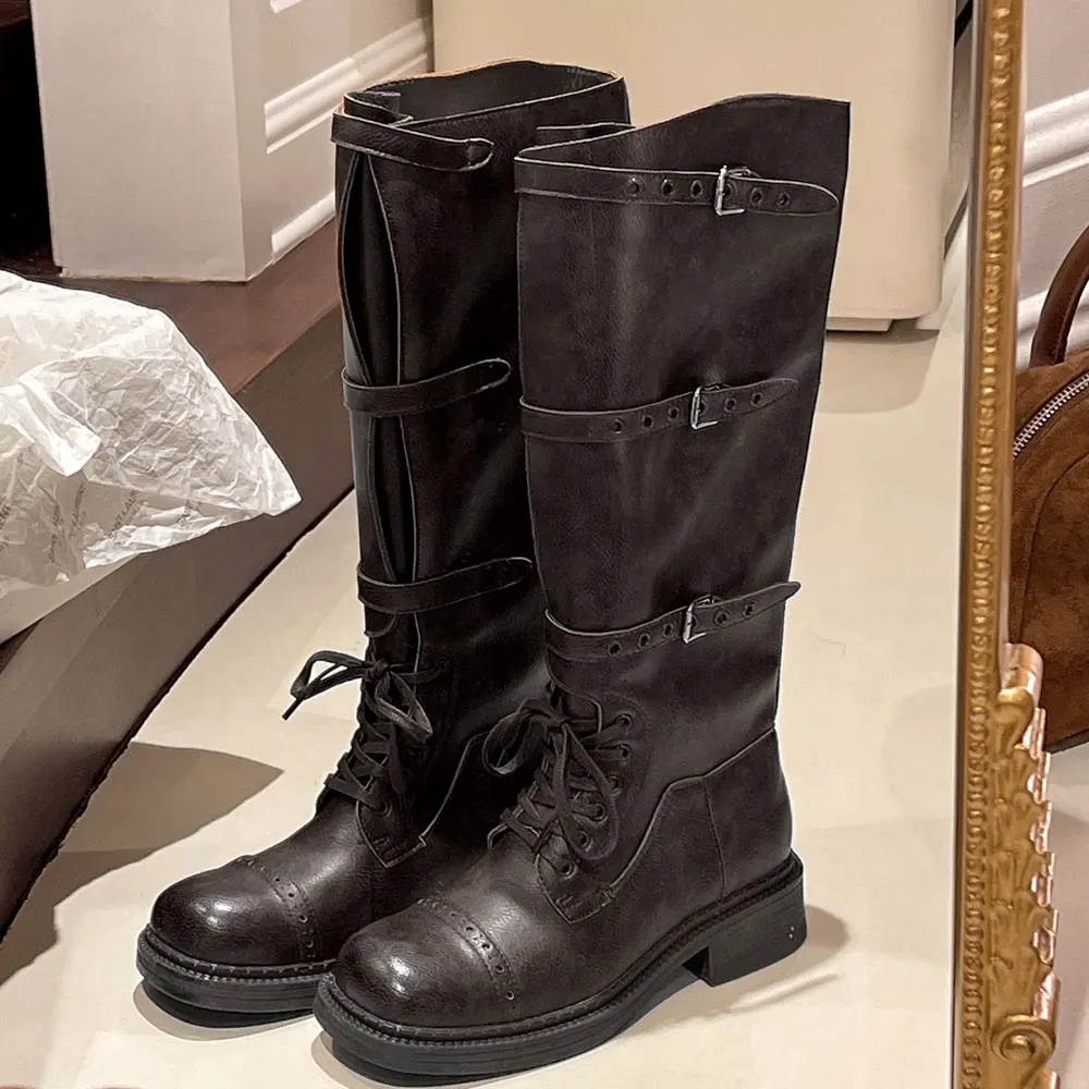여성용 무릎 높이 부츠 빈티지 벨트 버클 디자인 여성용 - Women'S Fashion Leather Boots 리뷰 및 가격