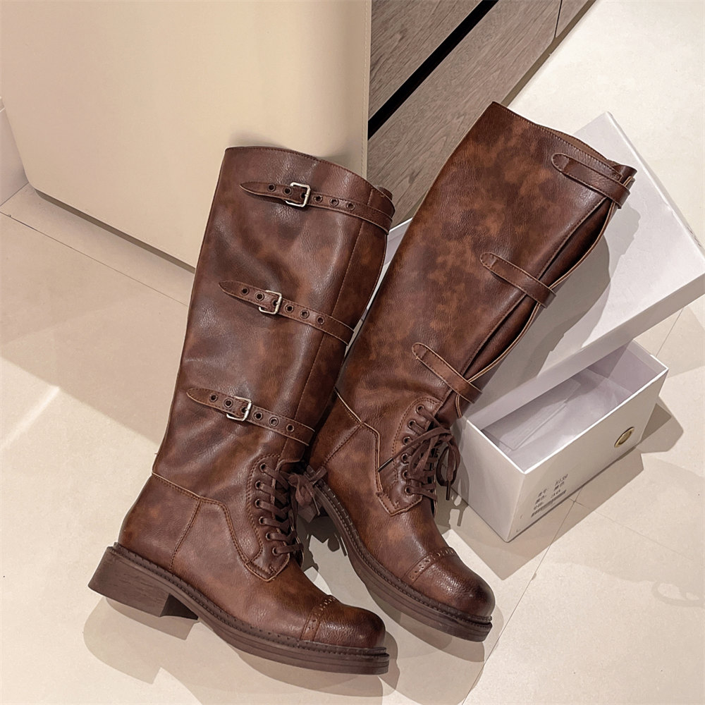 여성용 무릎 높이 부츠 빈티지 벨트 버클 디자인 여성용 - Women'S Fashion Leather Boots 리뷰 및 가격