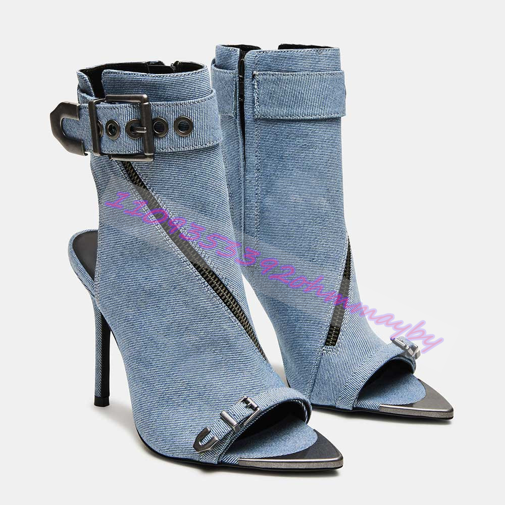 여름 블루 데님 포인티드 토 부츠 여성용 오픈 토 가죽 - Women'S Fashion Leather Boots 리뷰 및 가격