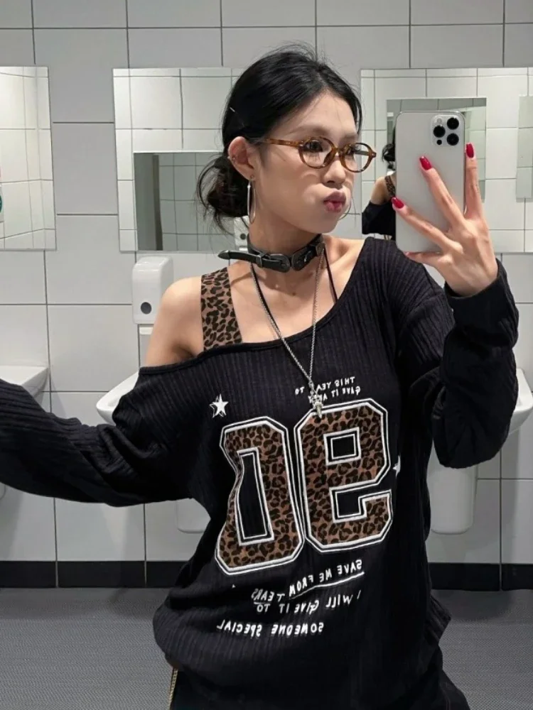 Y2K 패치워크 레오파드 프린트 티셔츠 여성 루즈핏 스 - Women Top Fashion 리뷰 및 가격