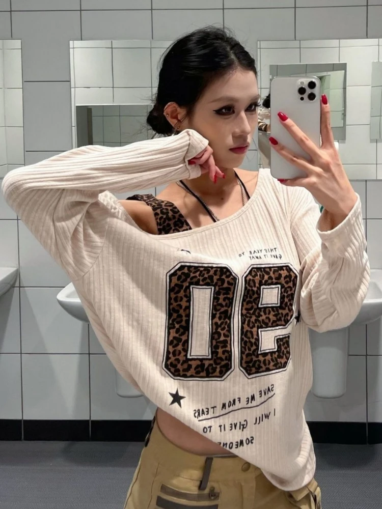 Y2K 패치워크 레오파드 프린트 티셔츠 여성 루즈핏 스 - Women Top Fashion 리뷰 및 가격