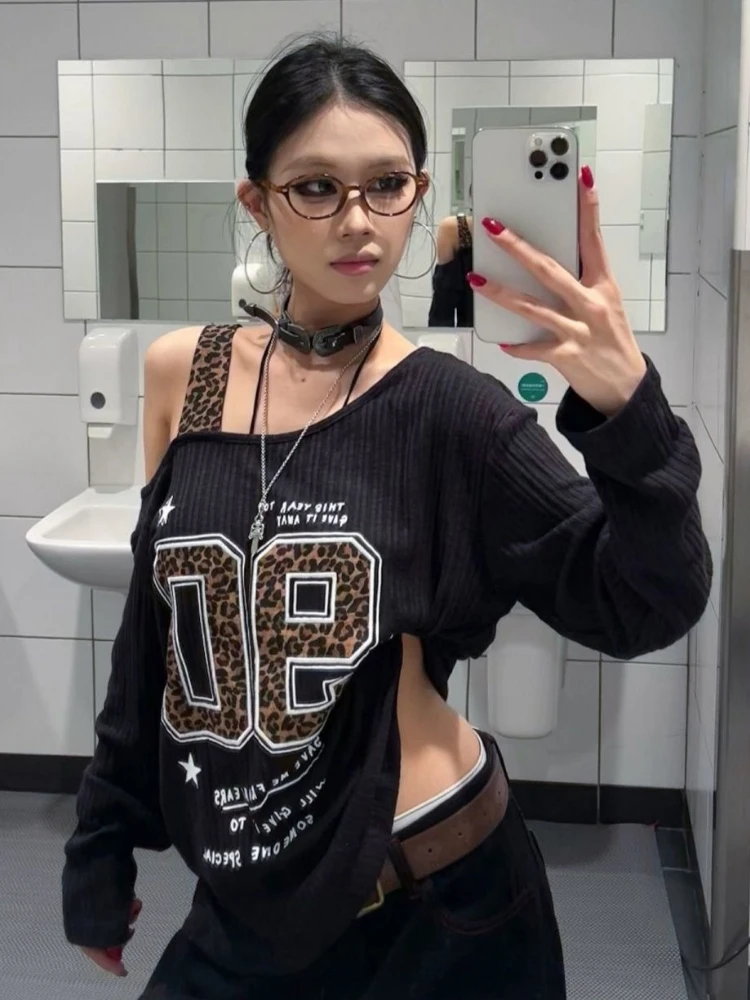 Y2K 패치워크 레오파드 프린트 티셔츠 여성 루즈핏 스 - Women Top Fashion 리뷰 및 가격