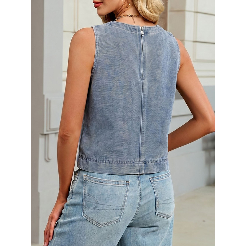 Benuynffy 캐주얼 라운드 넥 데님 조끼 여성 여 - Women'S Fashion Vest Tops 리뷰 및 가격
