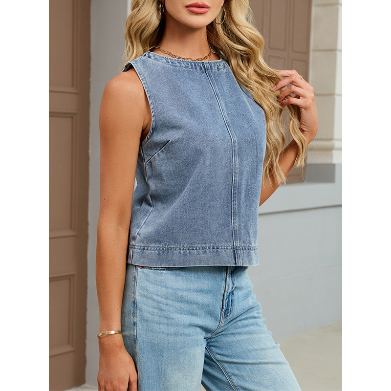 Benuynffy 캐주얼 라운드 넥 데님 조끼 여성 여 - Women'S Fashion Vest Tops 리뷰 및 가격