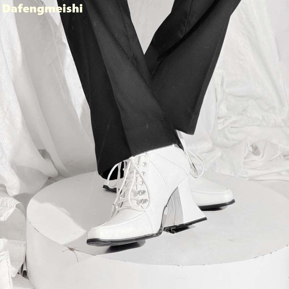 화이트 가죽 스퀘어토 앵클 부츠 앞뒤 레이스업 블록 힐 - Women'S Fashion Leather Boots 리뷰 및 가격