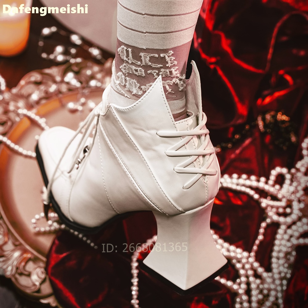 화이트 가죽 스퀘어토 앵클 부츠 앞뒤 레이스업 블록 힐 - Women'S Fashion Leather Boots 리뷰 및 가격