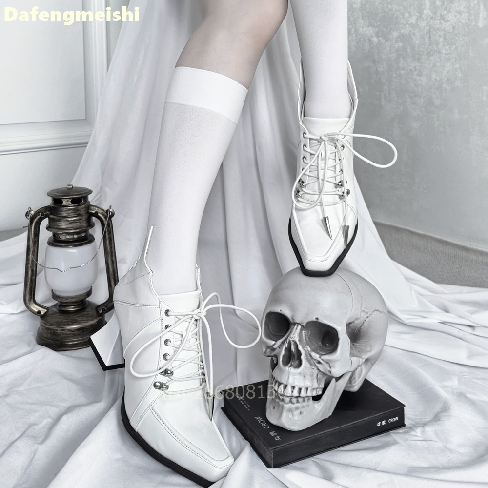 화이트 가죽 스퀘어토 앵클 부츠 앞뒤 레이스업 블록 힐 - Women'S Fashion Leather Boots 리뷰 및 가격