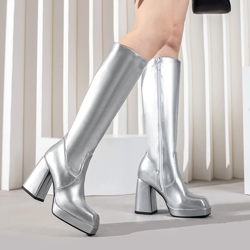 여성용 플랫폼 무릎 높이 부츠, 레드 특허 가죽 블록  - Women'S Fashion Leather Boots 리뷰 및 가격