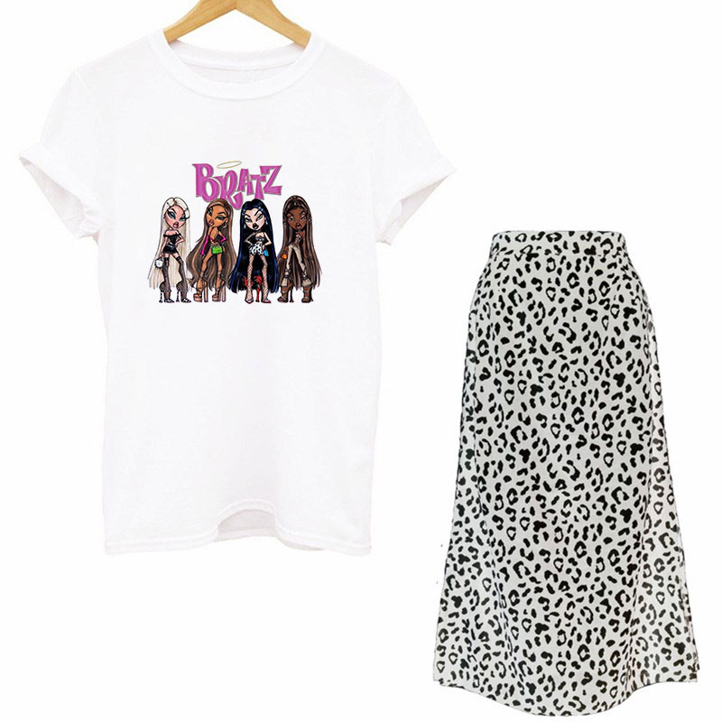 여성 두 조각 세트 스트리트 고스 Bratz 티셔츠와  - Printed Wrap Skirt 리뷰 및 가격